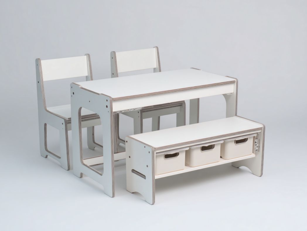 Ensemble bureau enfant blanc et bois avec 2 chaises et banc de rangement