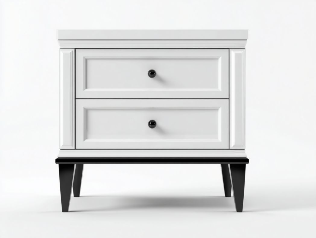Table de chevet blanche – 2 tiroirs avec pieds noirs et poignées rondes