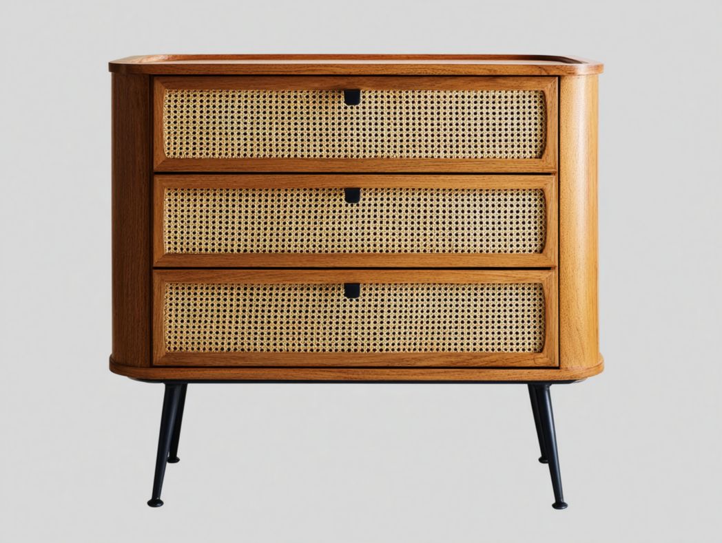 Commode 3 tiroirs en bois et rotin avec pieds métalliques noirs