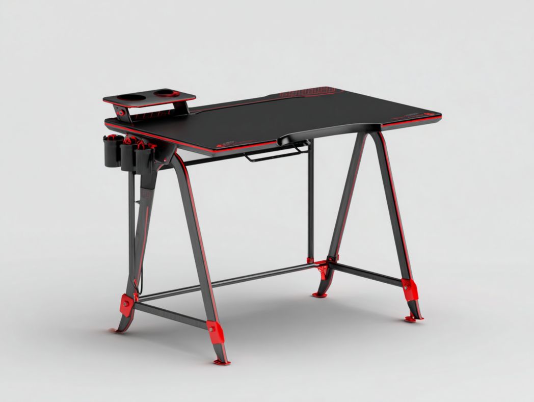 Bureau gaming noir et rouge avec support casque, porte-gobelets et rehausseur d’écran
