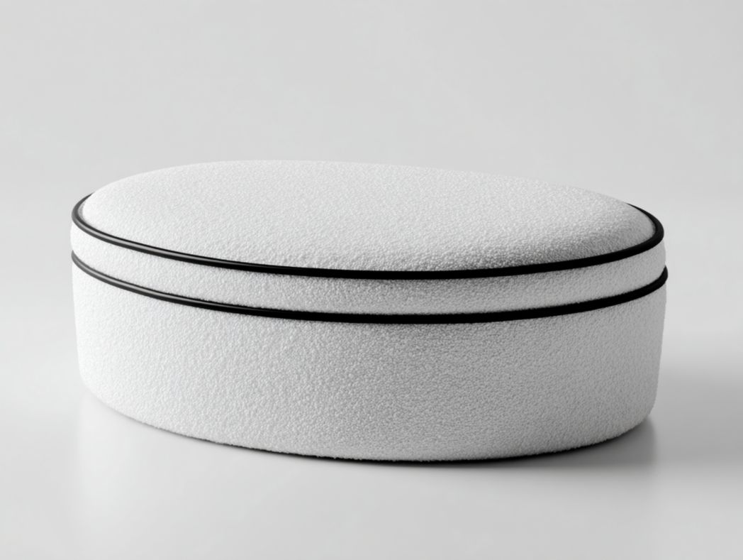 Banc coffre rond en tissu blanc avec liseré noir