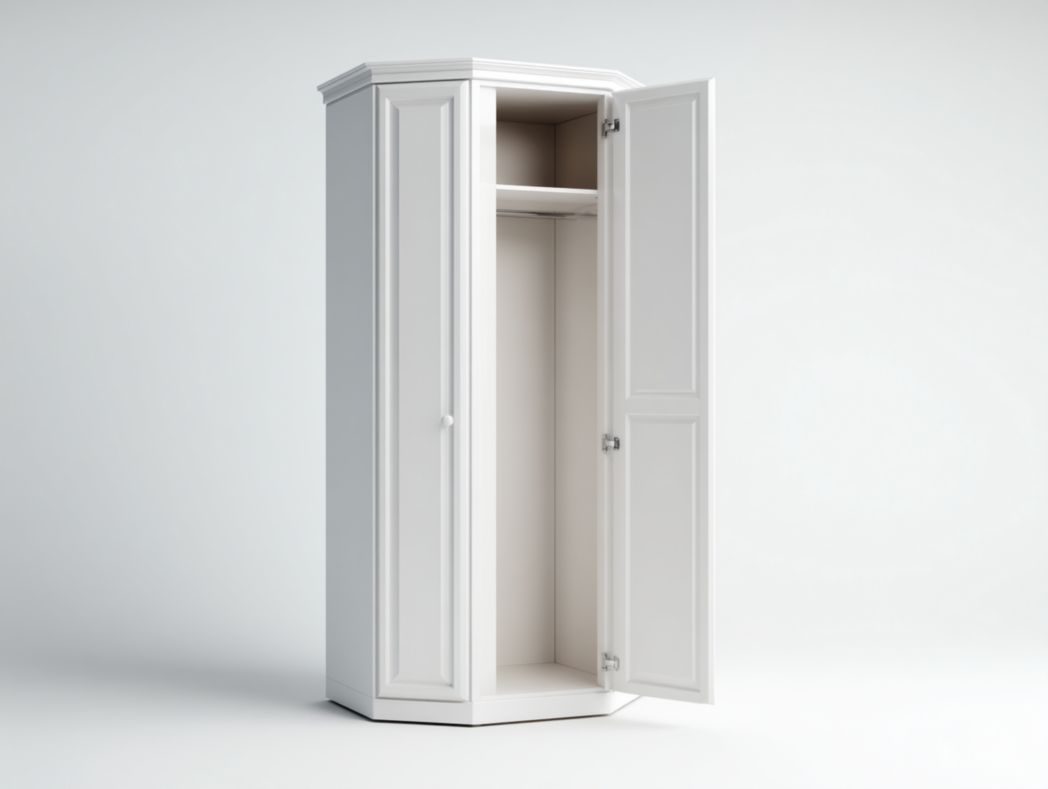 Armoire d’angle 2 portes blanche avec moulures classiques – design gain de place