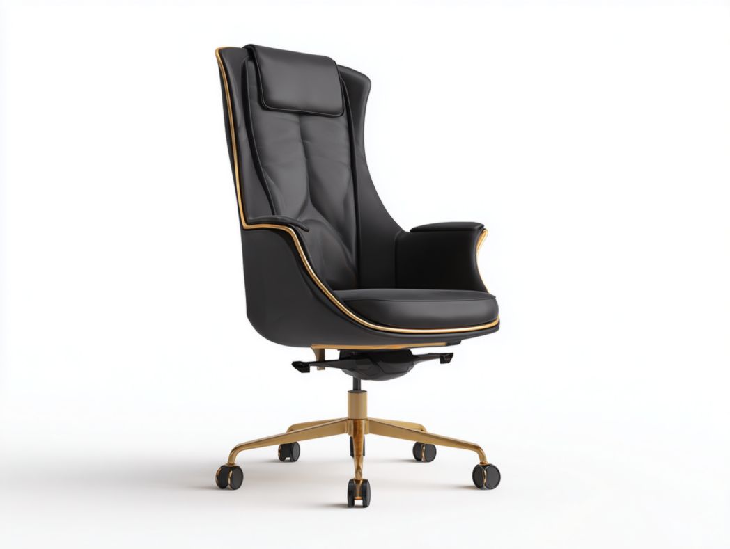 Fauteuil de bureau haut dossier en cuir noir avec base métallique dorée
