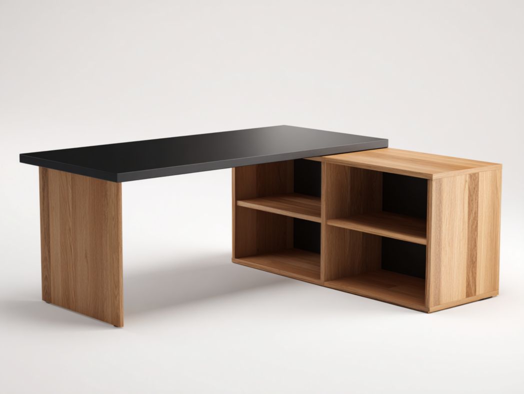 Bureau d’angle moderne – plateau noir et rangement en bois clair
