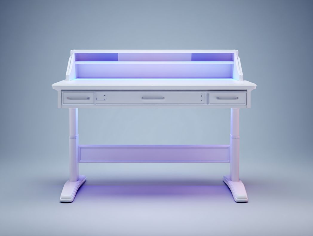 Bureau gaming blanc réglable avec LED intégrées et 3 tiroirs