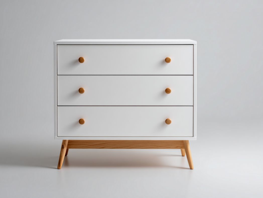 Commode nordique – 3 tiroirs blanc avec poignées bois naturel