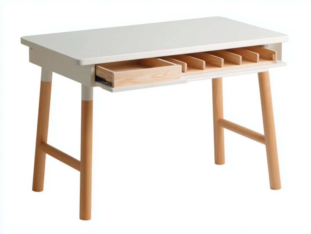 Bureau enfant nordique blanc et bois avec tiroir compartimenté