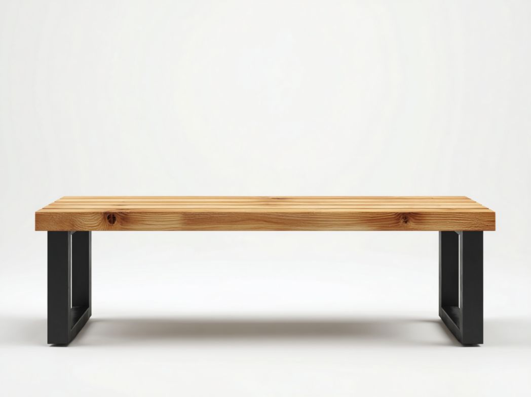 Banc en bois et métal style industriel, finition naturelle et structure noire