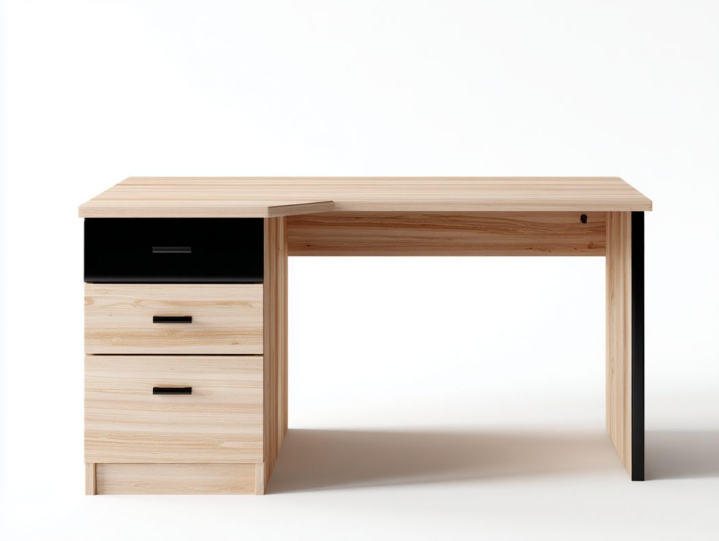 Bureau d’angle bois naturel et noir avec 3 tiroirs de rangement