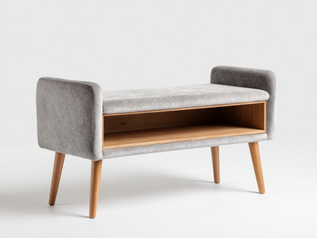Banc coffre scandinave Tissu gris avec pieds en bois et rangement ouvert
