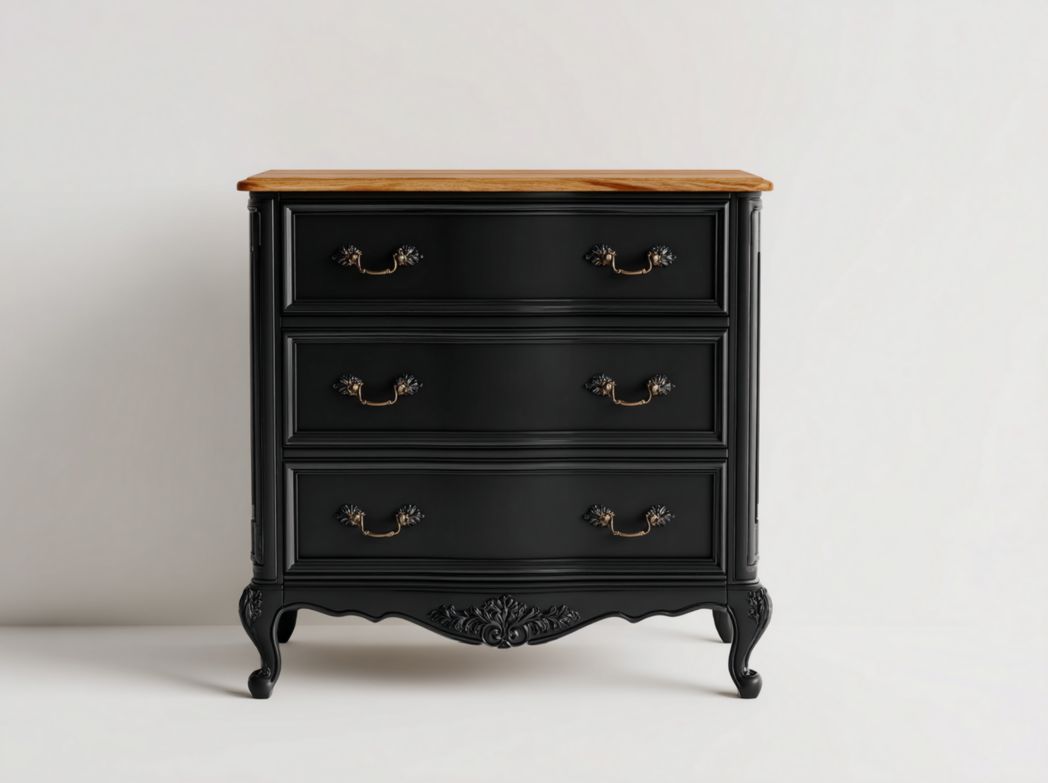 Commode 3 tiroirs style vintage fran?ais bois et noir sculpté