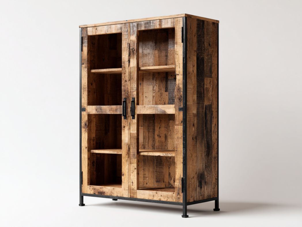 Buffet vitrine 2 portes style industriel – bois vieilli et structure métallique