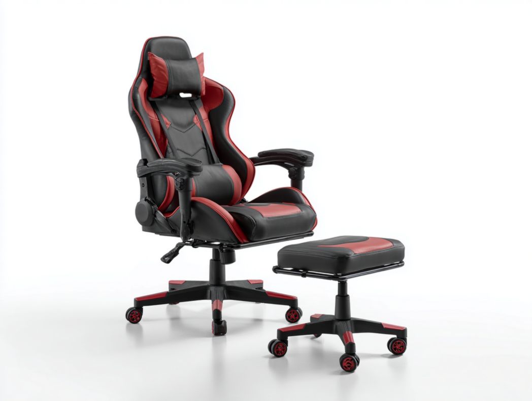 Fauteuil Gaming style course en similicuir noir et rouge avec repose-pieds séparé, appui-tête et coussin lombaire