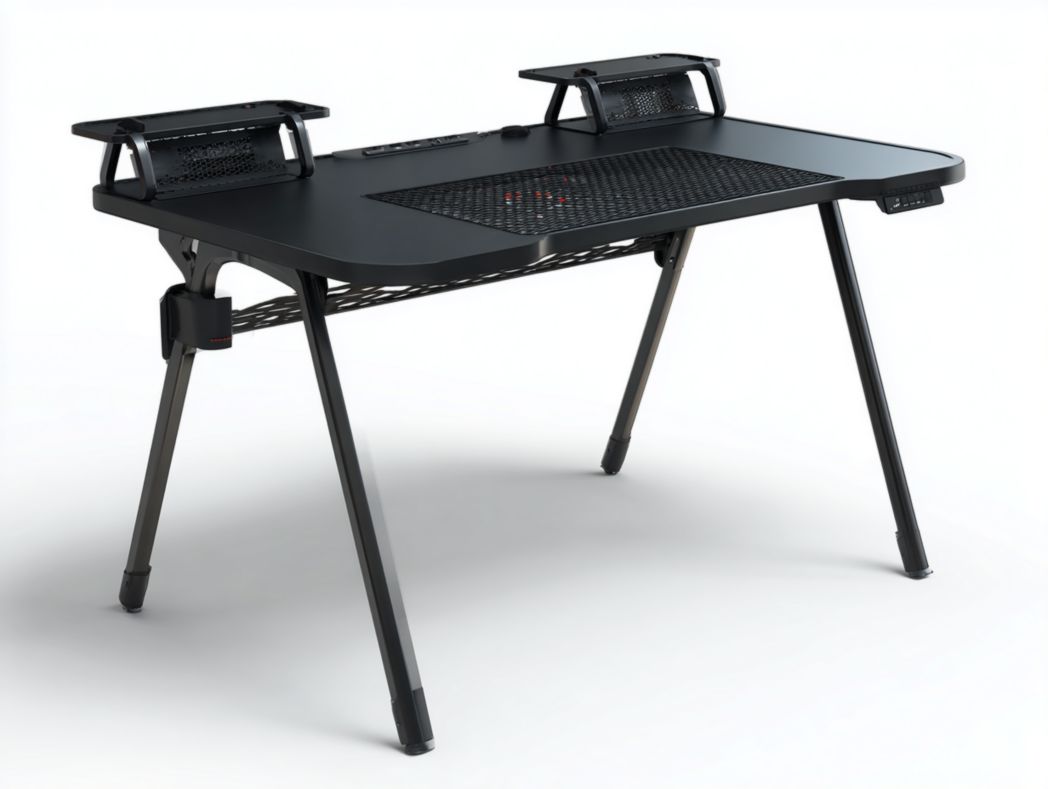 Bureau gaming noir avec supports pour écrans et plateau ventilé