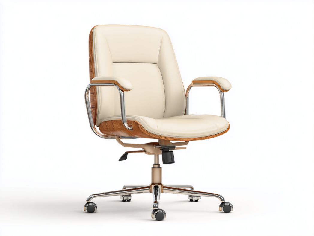 Fauteuil de bureau en cuir beige avec détails bois et roulettes pivotantes