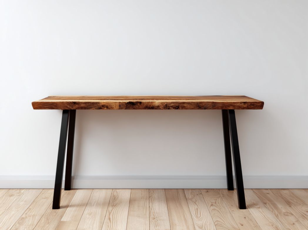 Banc en bois massif avec pieds en métal noir, style industriel