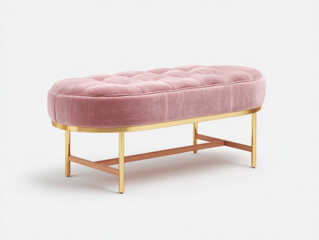 Banc en velours rose avec structure ovale en métal doré
