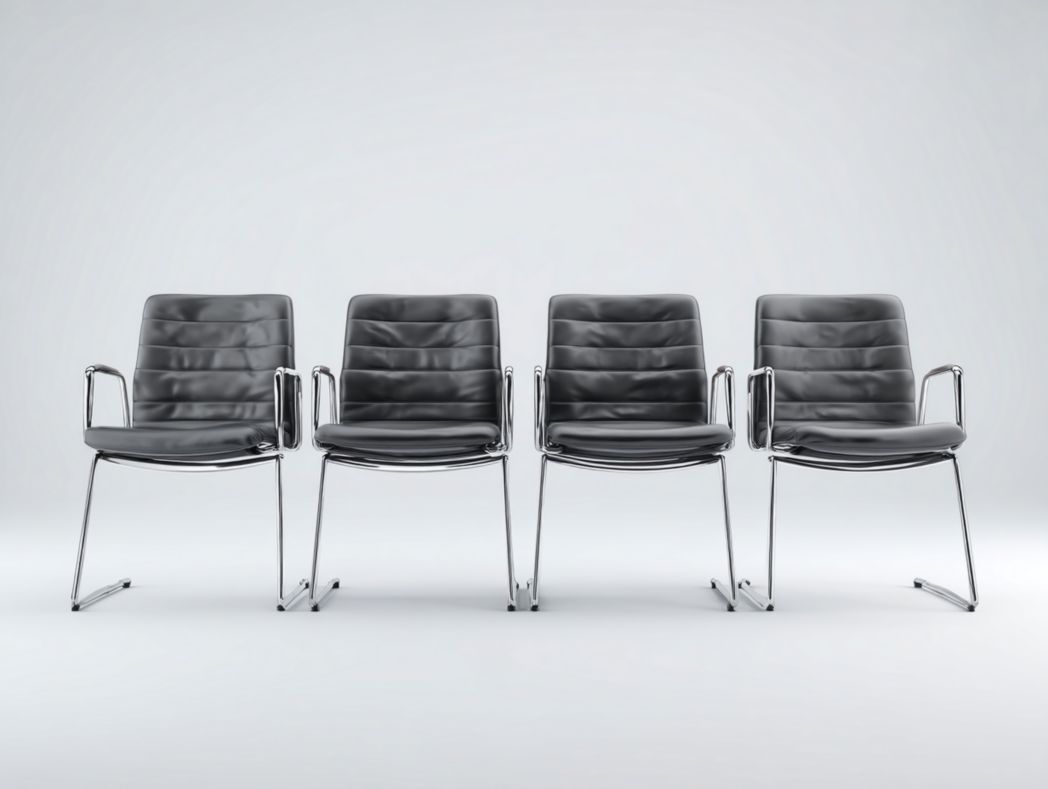 【Lot de 4】Chaises de conférence noires avec assise rembourrée en similicuir, structure en acier chromé et accoudoirs courbés