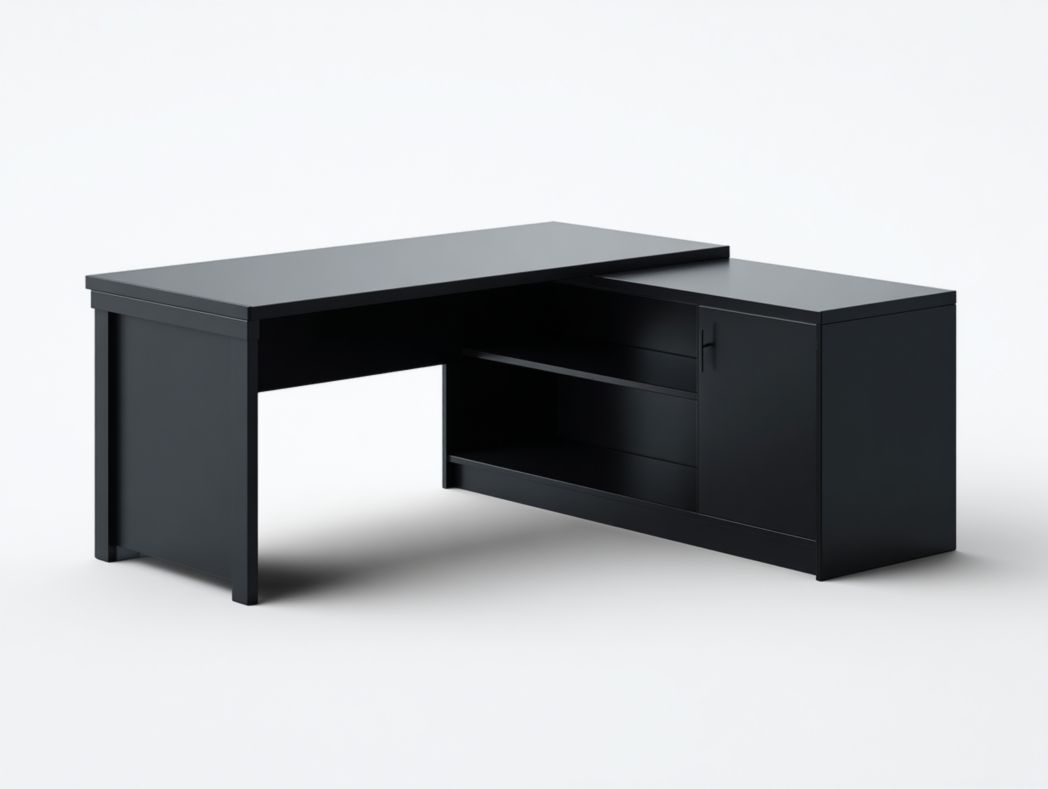 Bureau d’angle noir moderne avec étagères ouvertes et armoire de rangement