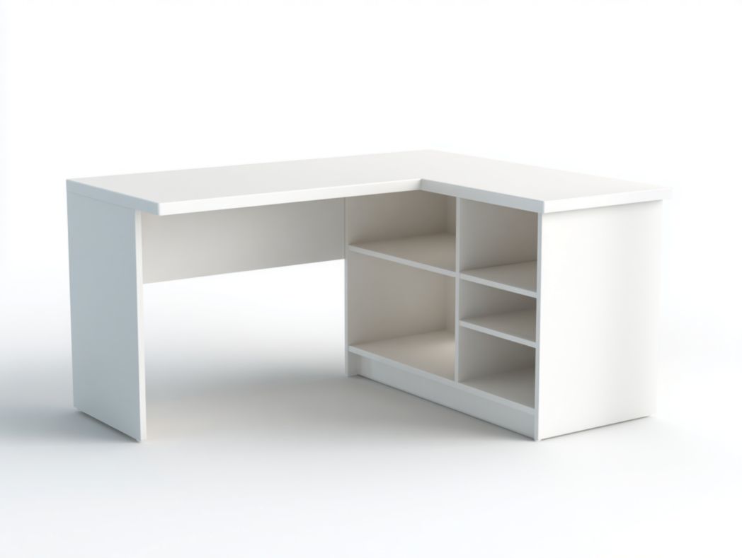 Bureau d’angle moderne blanc avec étagères ouvertes de rangement