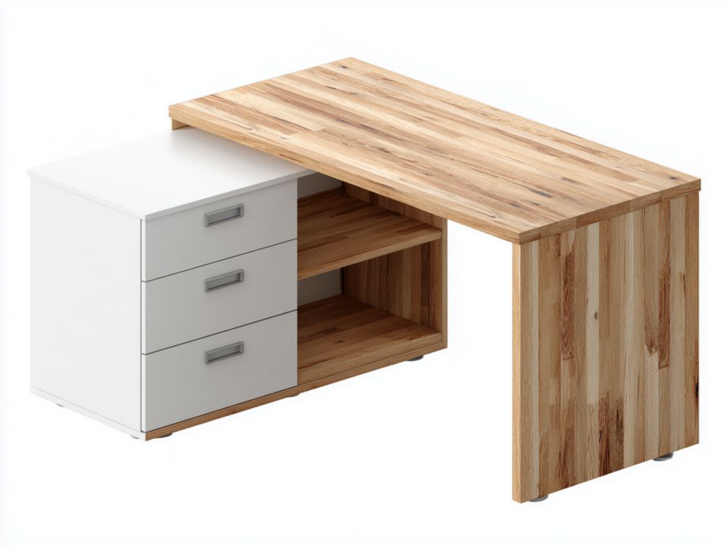Bureau d’angle bois clair avec 3 tiroirs et étagères ouvertes de rangement