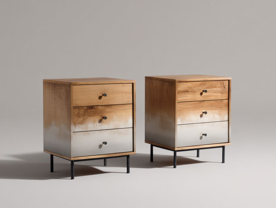 Lot de 2 tables de chevet modernes Bois dégradé avec 3 tiroirs et pieds métalliques