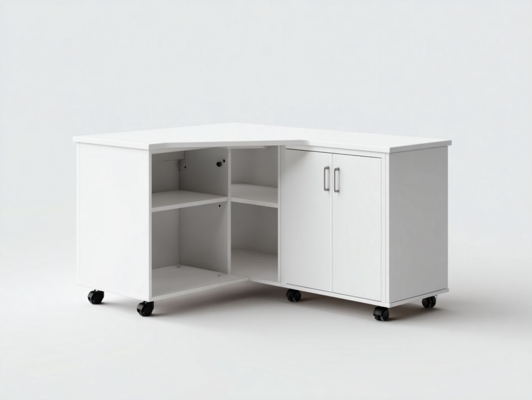 Bureau d’angle blanc avec roulettes et rangements ouverts + armoire à portes