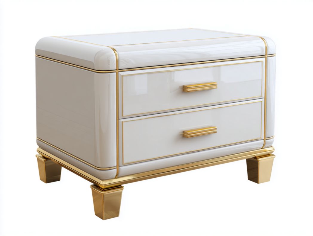 Table de chevet moderne 2 tiroirs – blanc laqué avec détails dorés