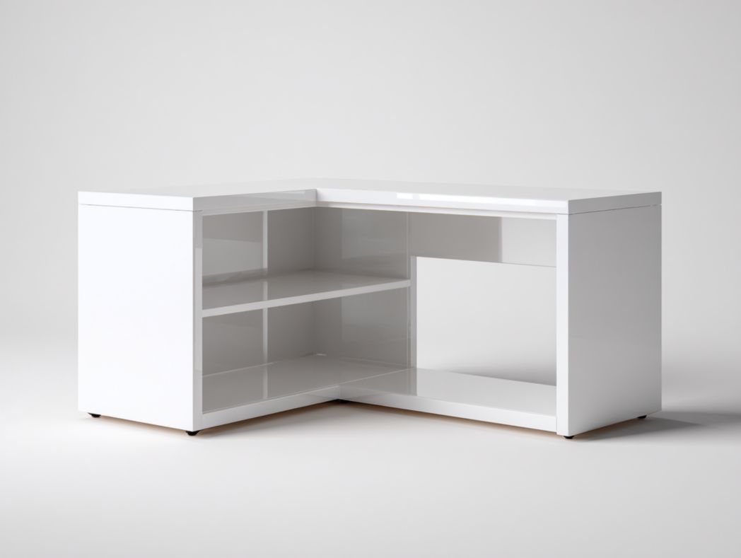 Bureau gaming d’angle blanc brillant avec rangements ouverts