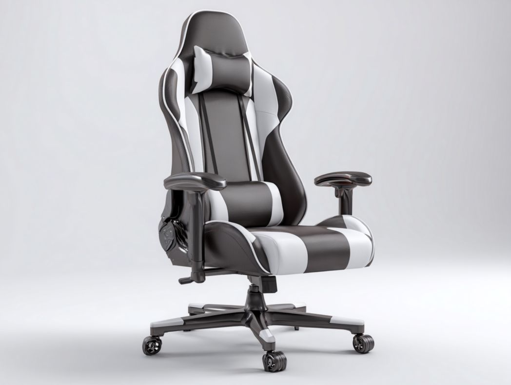 Chaise Gaming style course en similicuir noir et blanc avec dossier haut, appui-tête et coussin lombaire