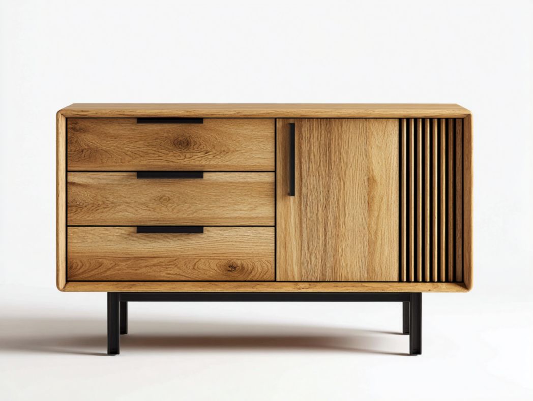 Commode nordique 3 tiroirs et porte latérale bois naturel sur piètement métal