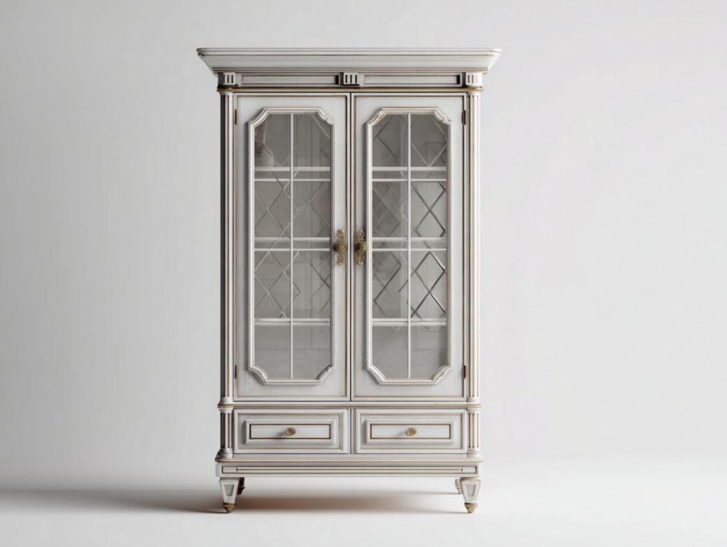 Vitrine 2 portes style classique en bois blanc vieilli avec verre et tiroirs