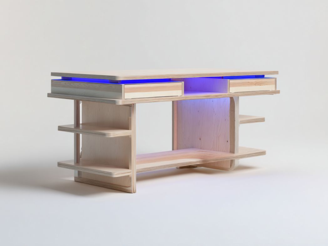 Bureau gaming en bois clair avec rangements et éclairage LED