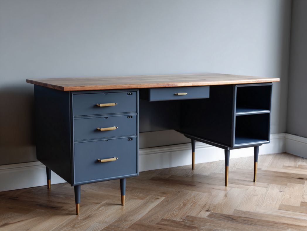 Bureau enfant bleu gris avec plateau bois et rangements multiples