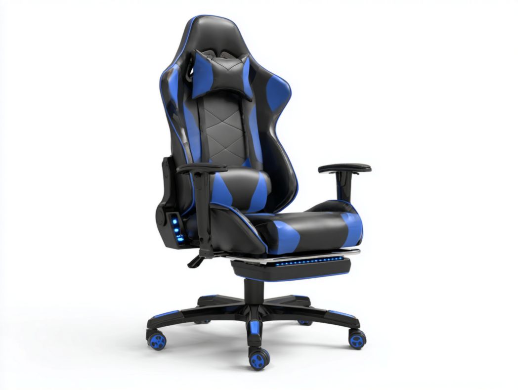 Chaise Gaming style course en similicuir bleu et noir avec repose-pieds, éclairage LED, coussin lombaire et appui-tête