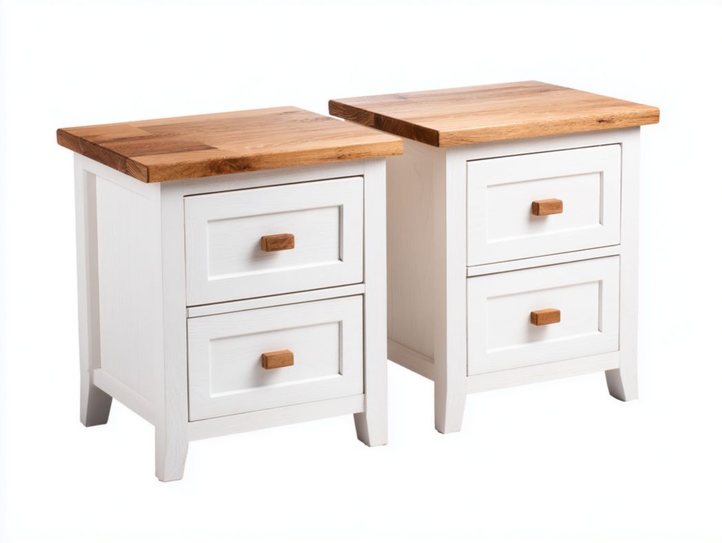 Lot de 2 tables de chevet style campagne Blanc avec plateau en bois naturel et 2 tiroirs