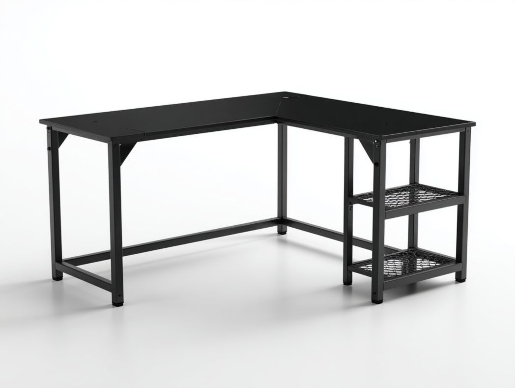 Bureau gaming en L noir avec structure métallique et étagères grillagées