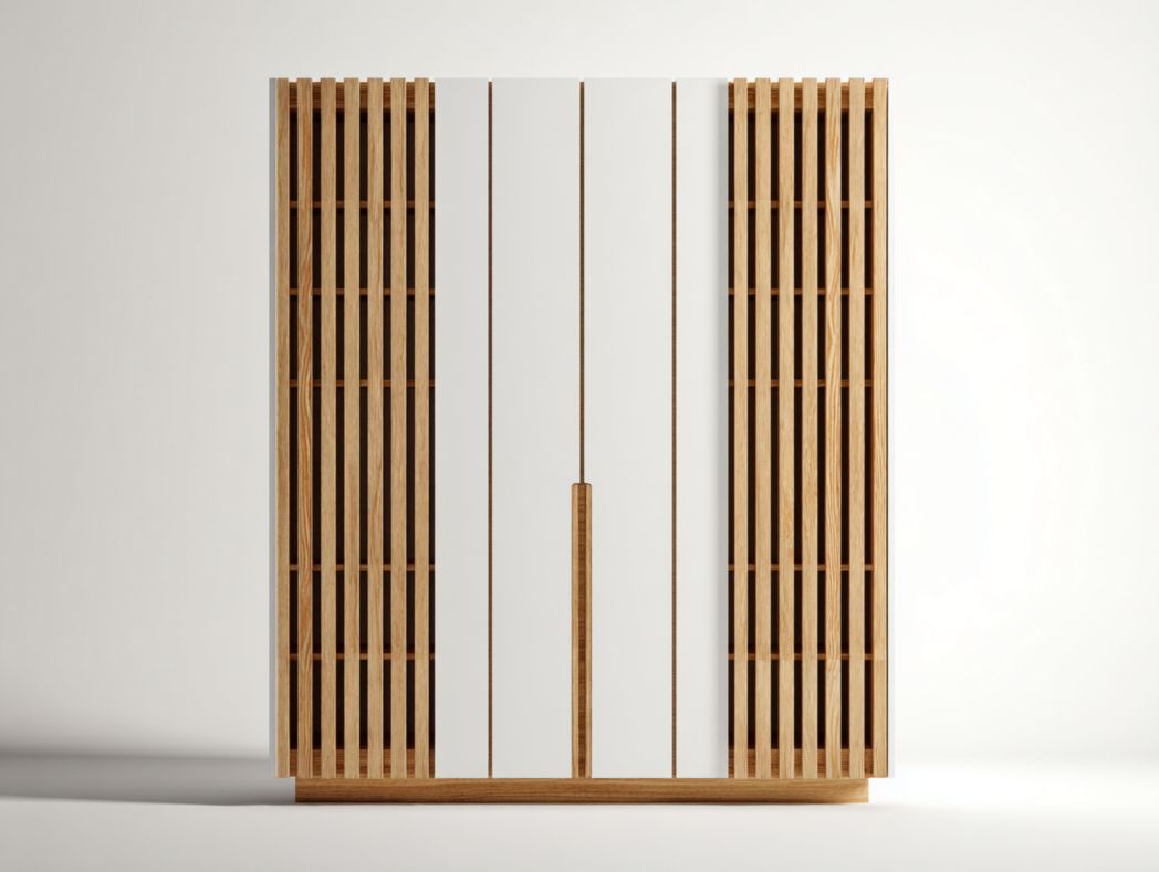 Armoire 2 portes bois clair et blanc avec fa?ades à lattes – style moderne