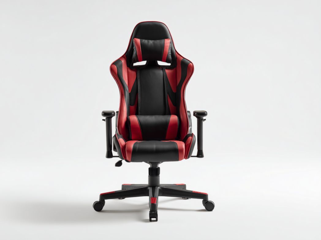 Chaise Gaming style course en similicuir noir et rouge avec dossier haut, coussin lombaire et appui-tête