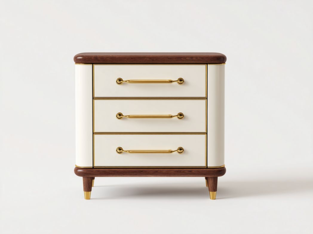 Commode moderne 3 tiroirs – ivoire et noyer avec finitions dorées