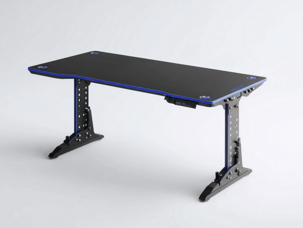 Bureau gaming noir avec accents bleus et structure métallique robuste