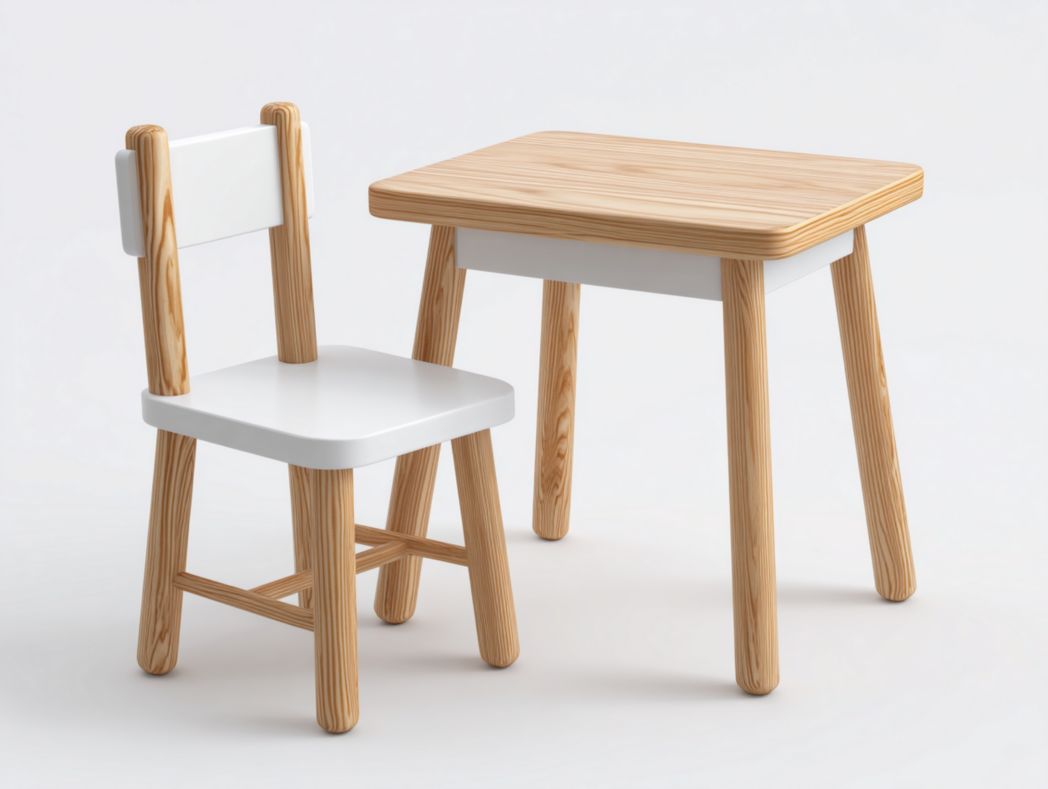 Bureau enfant avec chaise en bois naturel et blanc, ensemble pratique