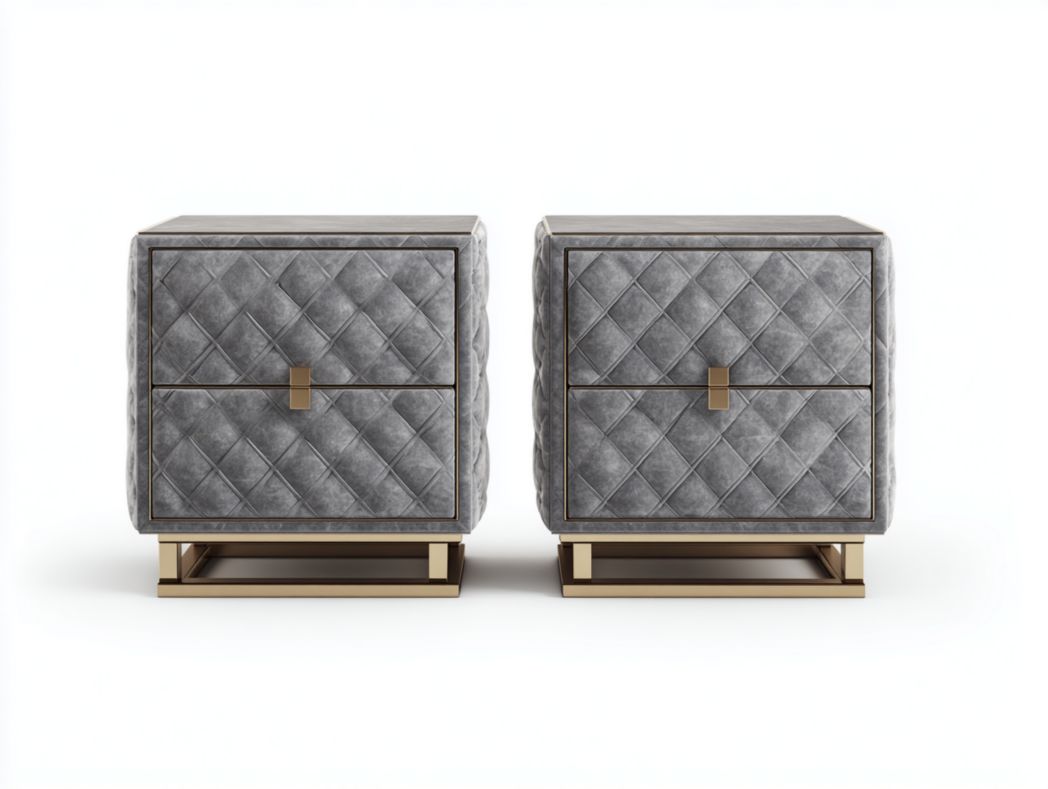 Lot de 2 tables de chevet capitonnées Gris motif losange avec base métallique dorée