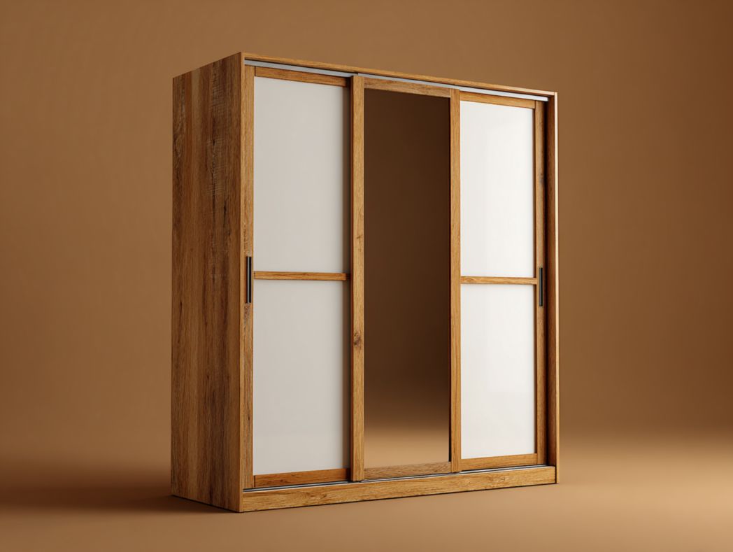 Armoire 3 portes coulissantes bois et blanc avec miroir central