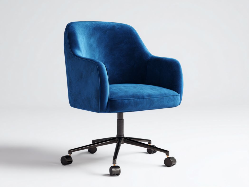 Fauteuil de bureau en velours bleu avec dossier incurvé et roulettes pivotantes