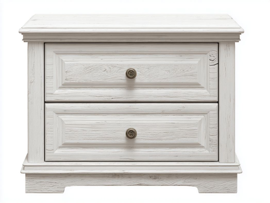 Table de chevet blanche style vintage – 2 tiroirs avec poignées rondes métalliques