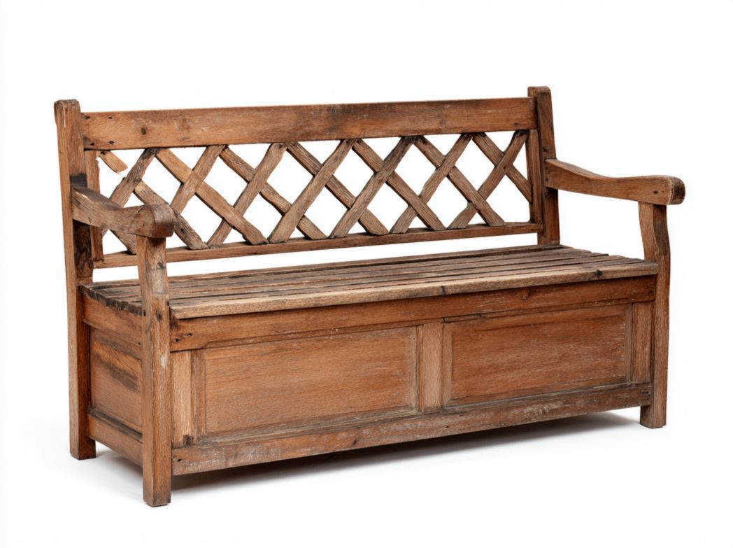 Banc en bois avec coffre et dossier ajouré vintage