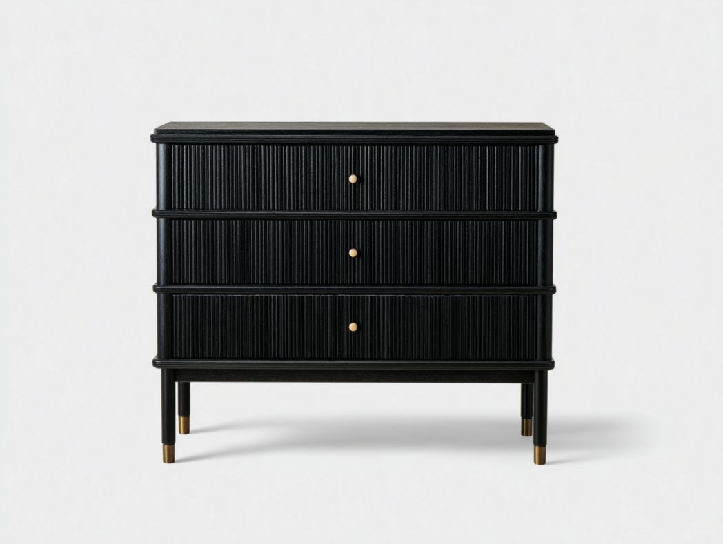 Commode 3 tiroirs noire à fa?ades striées et détails métalliques