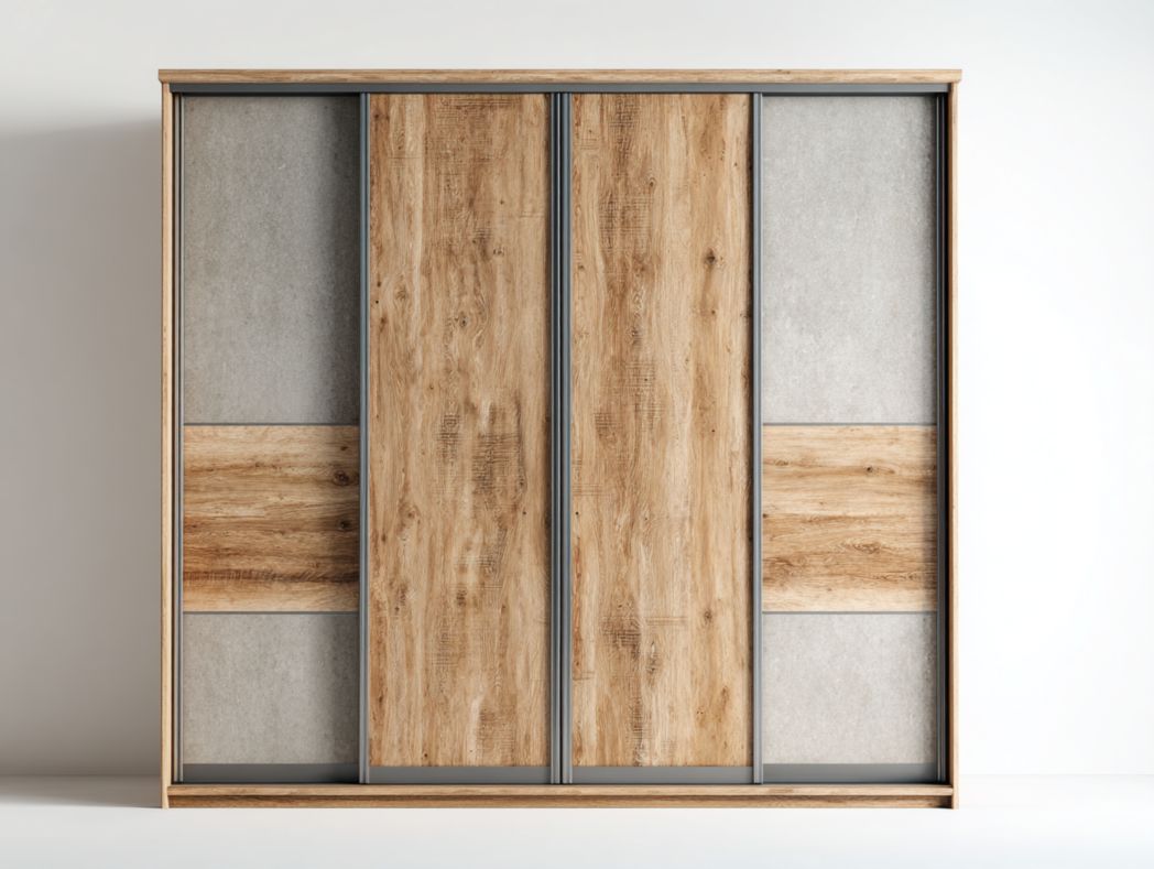 Armoire 4 portes coulissantes bois naturel et gris – grand espace de rangement moderne