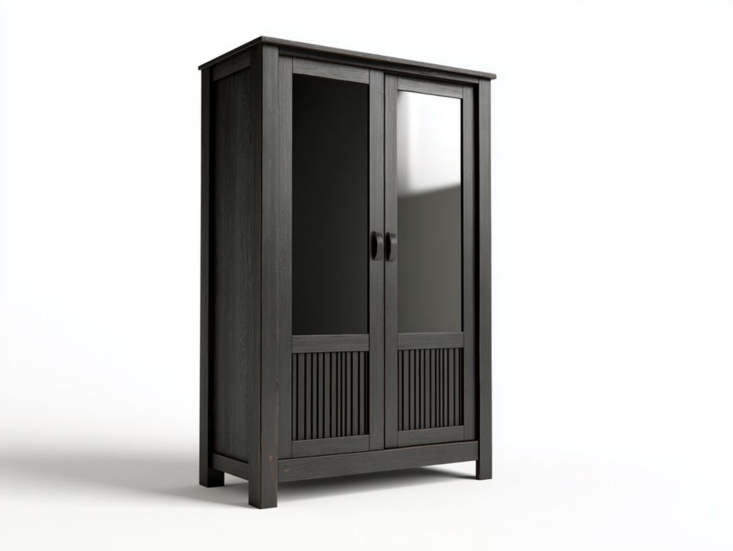 Armoire 2 portes en bois foncé avec fa?ade miroir et panneaux à lattes